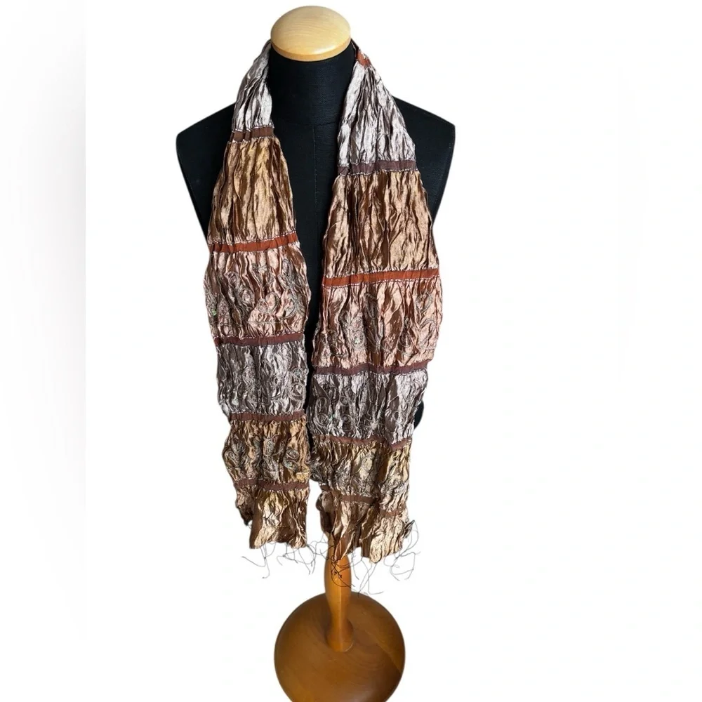 Elegant Crinkled Scarf  Brown and Tan Embroidered Silk OS